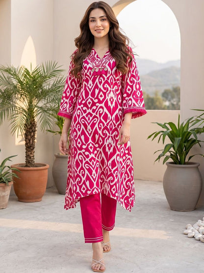 Pink Women Ethnic Motifs Printed Regular Thread Work Pure Cotton Kurta with Trousers