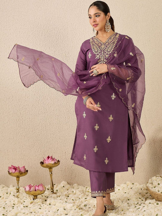 Women Embroidered Sequinned Regular Straight Kurta With Trousers & Dupatta