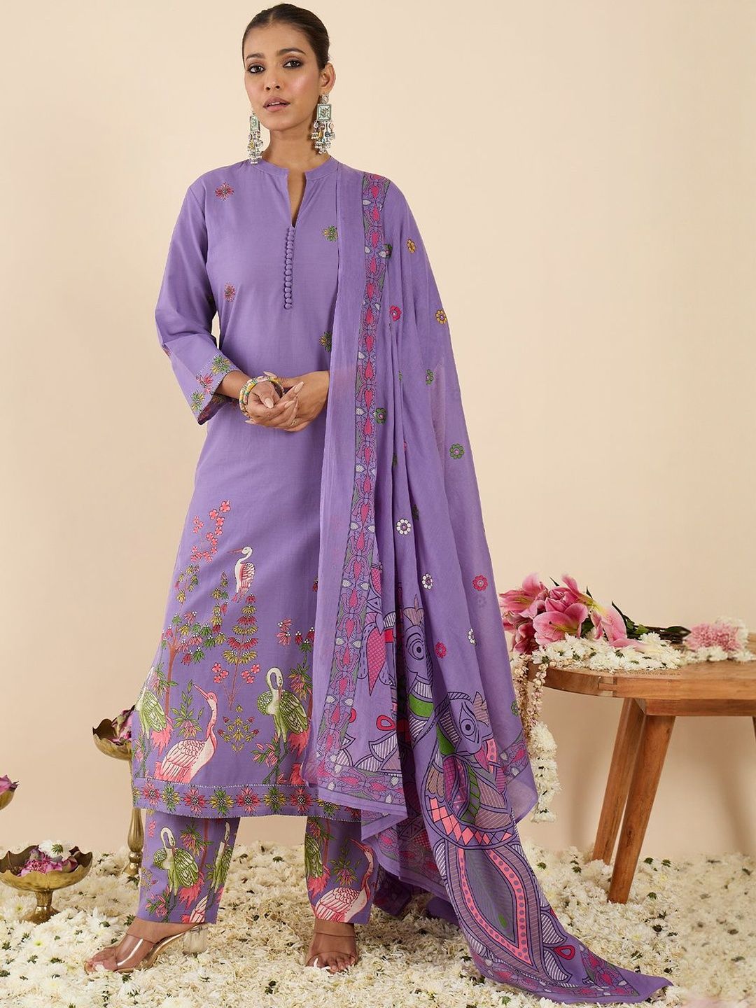 Dhiyona IE Women Ethnic Motifs Printed Regular Pure Cotton Kurta with Trousers & With Dupatta
