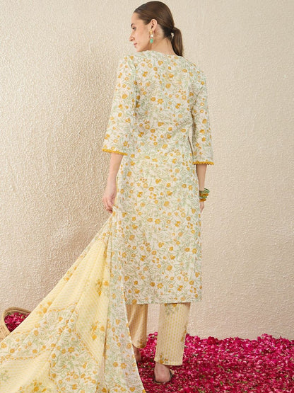 Floral Printed Pure Cotton Straight Kurta With Trousers & Dupatta