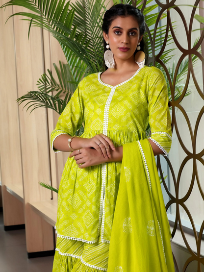 Women's LB Green Printed Cotton A-Line Kurti With Sharara & Dupatta