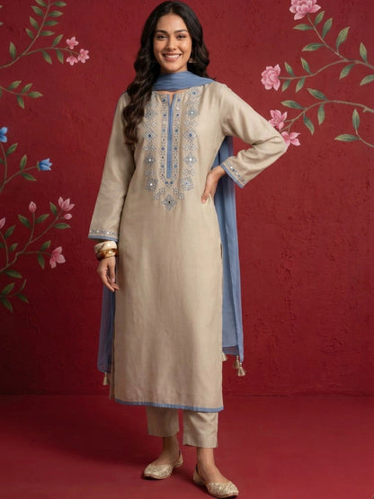 Women Ethnic Motifs Embroidered Regular Mirror Work Chanderi Silk Kurta with Trousers & With Dupatta