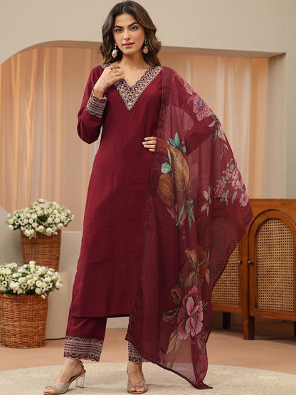 Cardinal Red Yoke Design Straight Suit Set