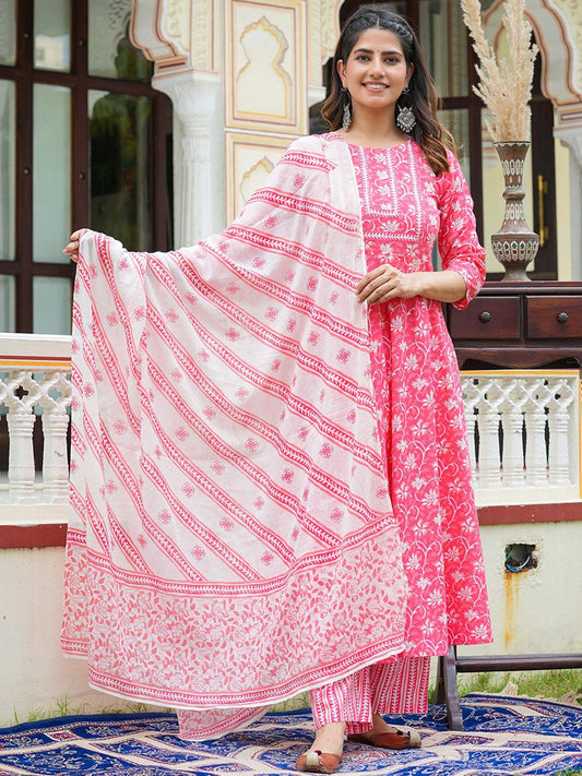 Dhiyona KL Floral Printed Pure Cotton Anarkali Kurta With Trouser And Dupatta