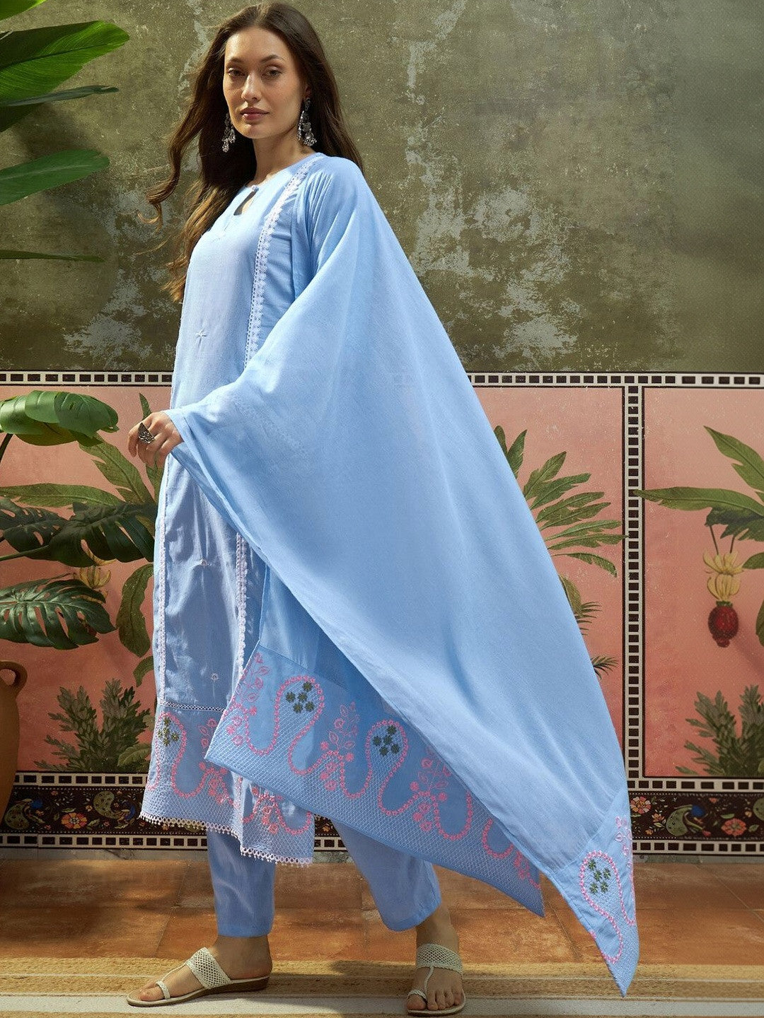 Embroidered Pure Cotton Keyhole Neck Kurta & Trousers With Dupatta