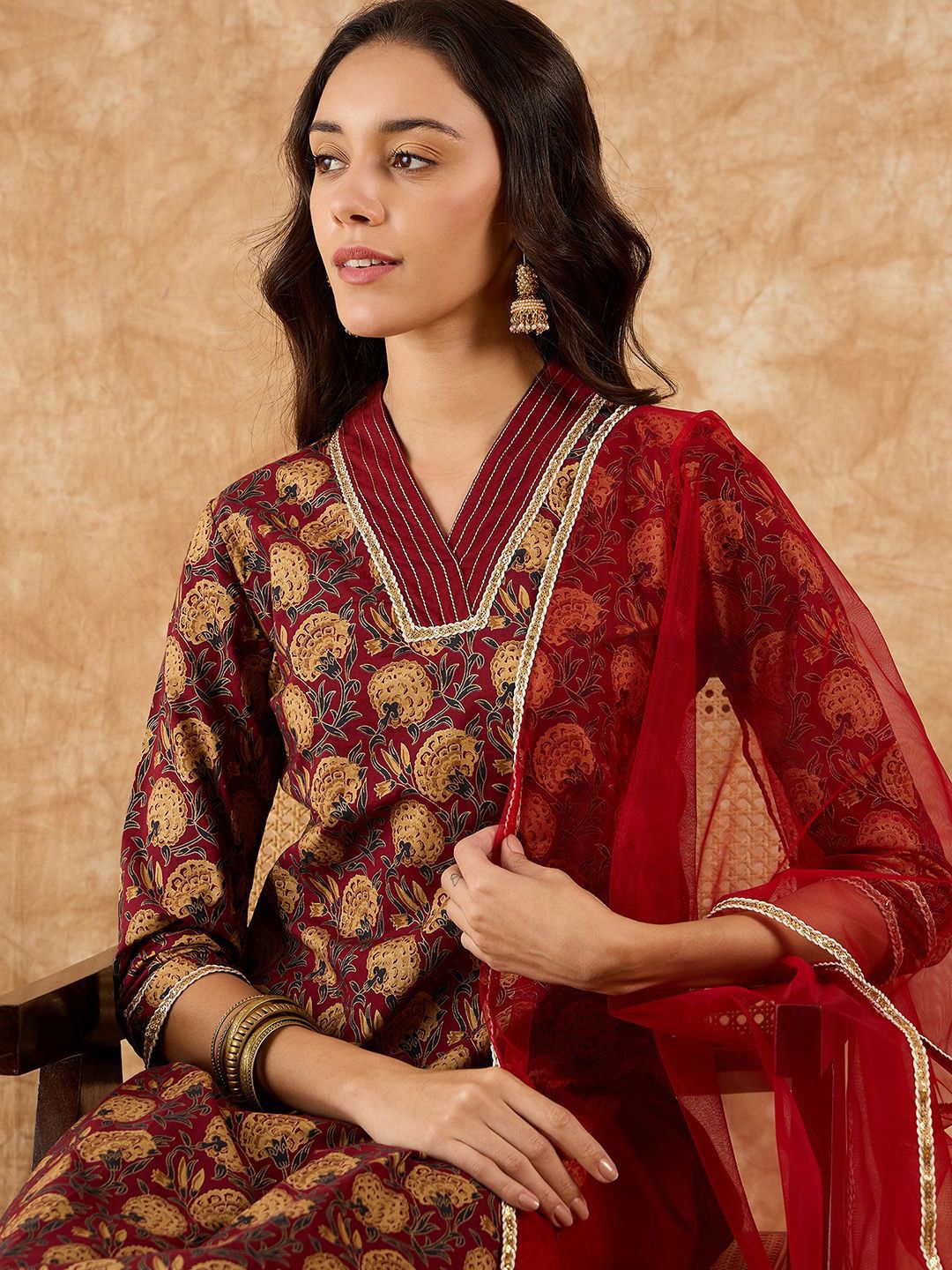 Dhiyona IE Floral Printed Straight Thread Work Kurta with Palazzos & Dupatta