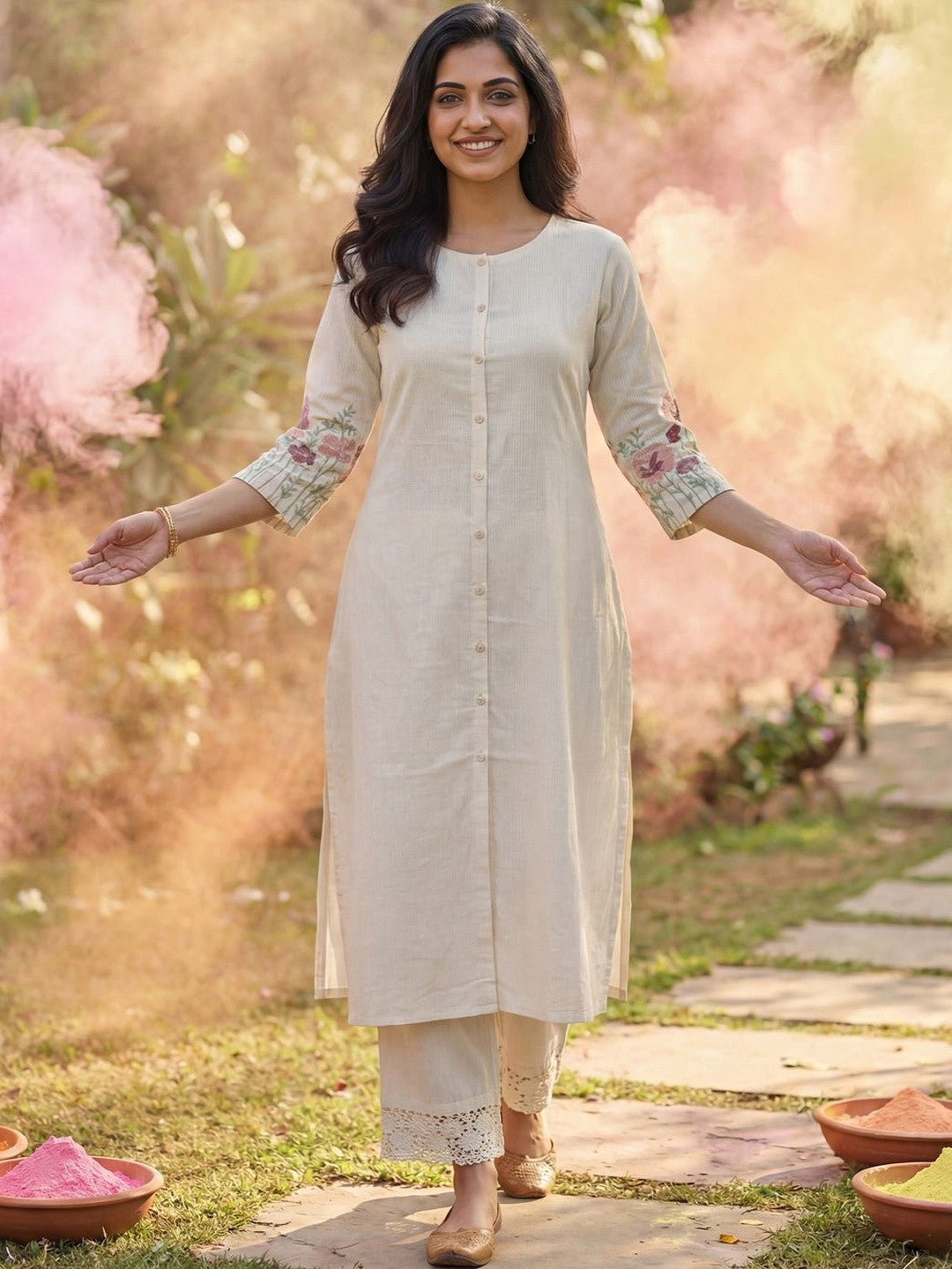 Women Striped Regular Thread Work Kurta with Trousers