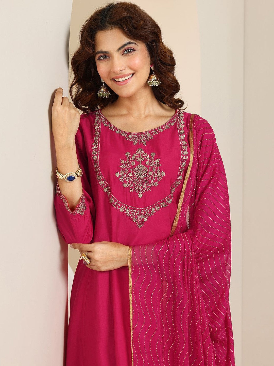Floral Yoke Design Thread Work A-Line Kurta With Trousers & Dupatta