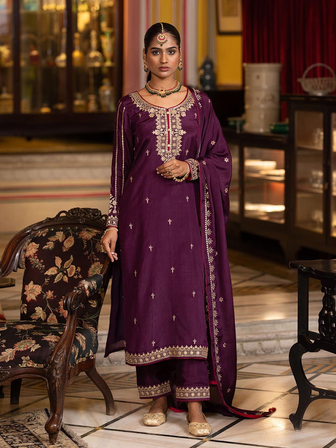 Dhiyona CH Women Ethnic Motifs Embroidered Regular Sequinned Kurta with Trousers & Dupatta