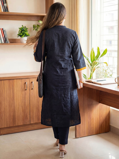 Black Solid A-line Kurta Trousers Set