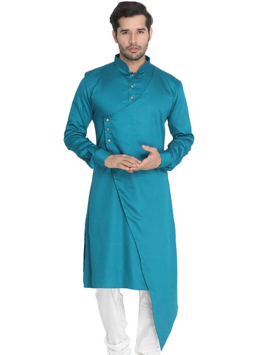 Men's Green Cotton Cotton Satin Asymmetric Kurta Pyjama Set