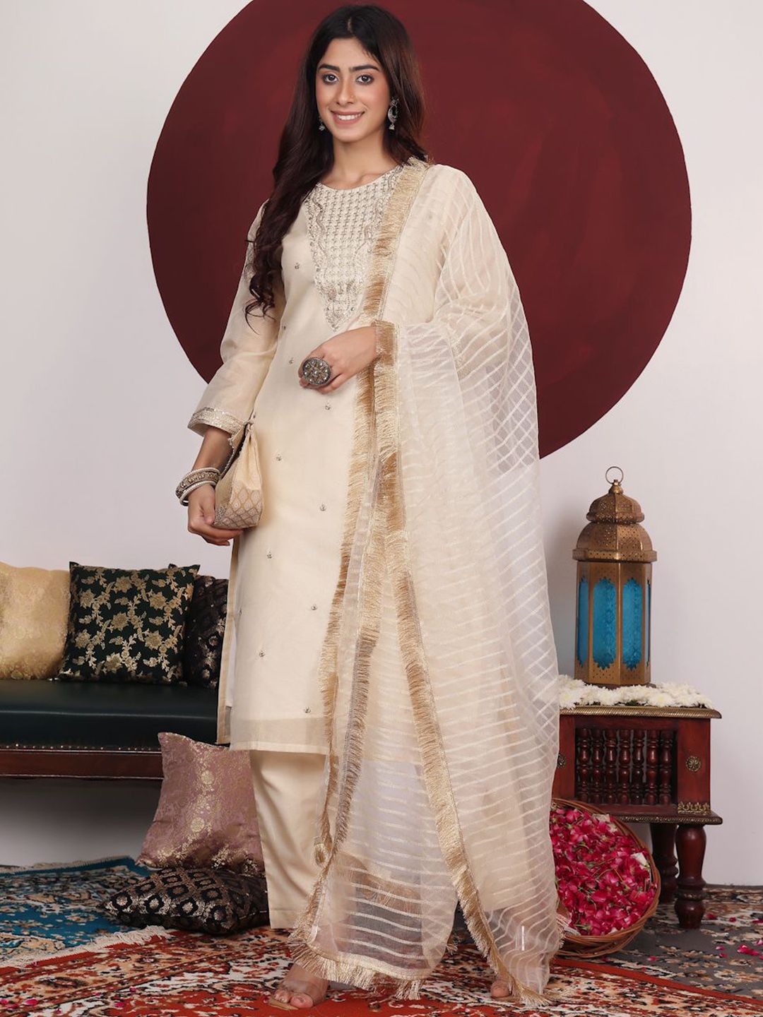 Dhiyona VA Cream-Coloured Floral Embroidered Sequined Kurta With Palazzos & Dupatta
