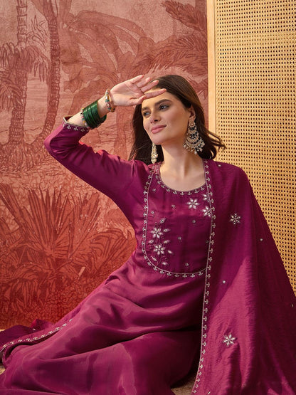 Embroidered Round Neck Straight Kurta & Trousers With Dupatta