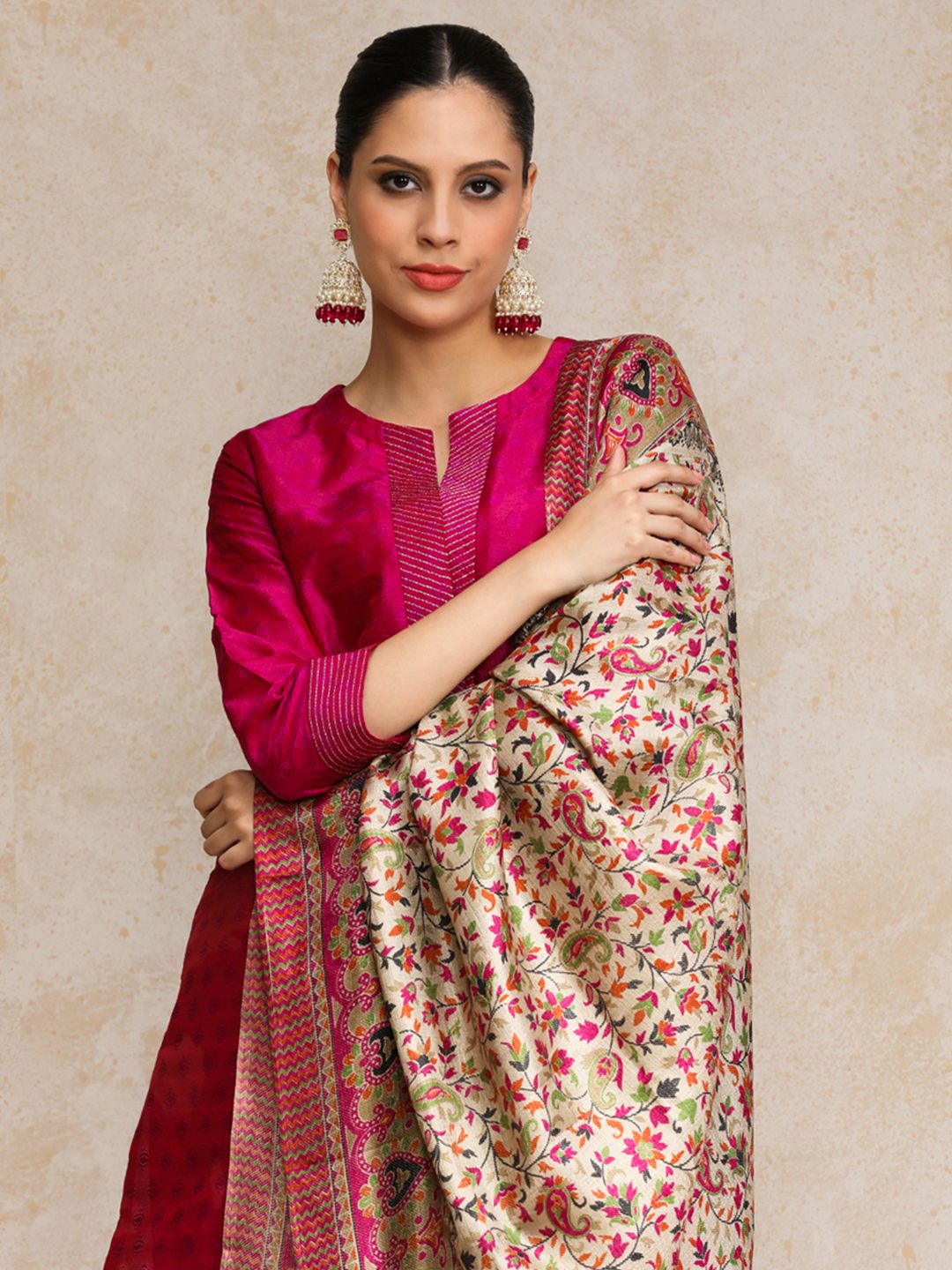 Pink Women Pink Zari Work textured Kurta with Trouser and Printed Dupatta