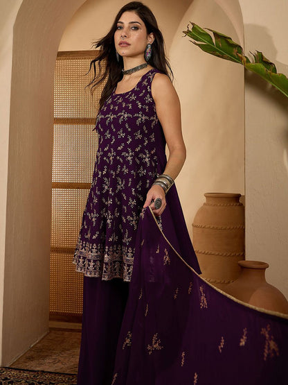 Dhiyona SN Floral Embroidered Square Neck Sequinned Kurta & Palazzo With Dupatta