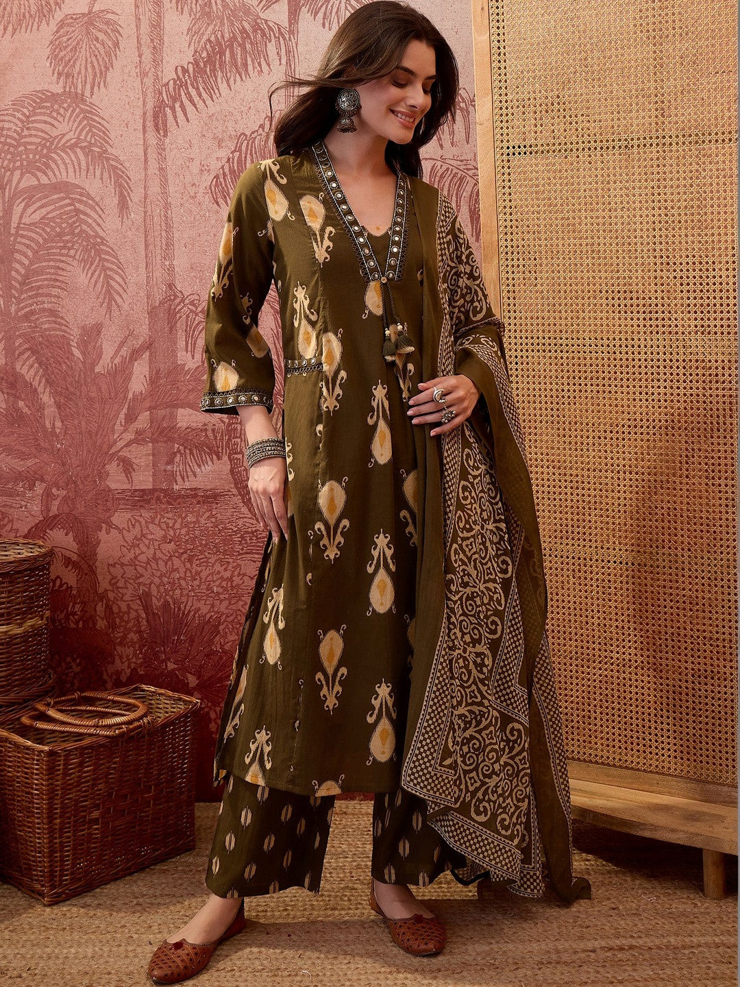Women Ethnic Motifs Printed Regular Mirror Work Pure Cotton Kurta with Palazzos & With Dupatta