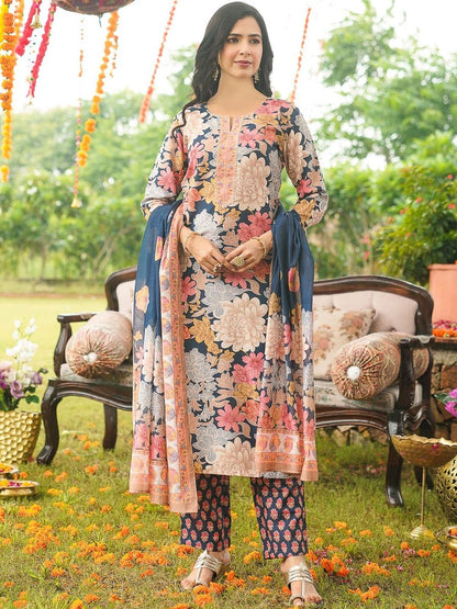 Dhiyona KL Floral Printed Notch Neck Straight Kurta with Trouser & Dupatta