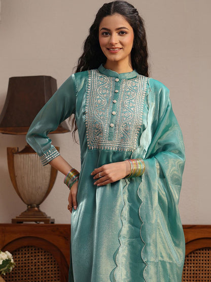 Libas Blue Yoke Design Tissue Straight Suit Set