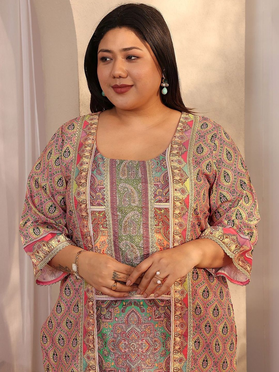 Dhiyona Women's Plus Size Ethnic Motifs Printed Kurta with Trousers & Dupatta