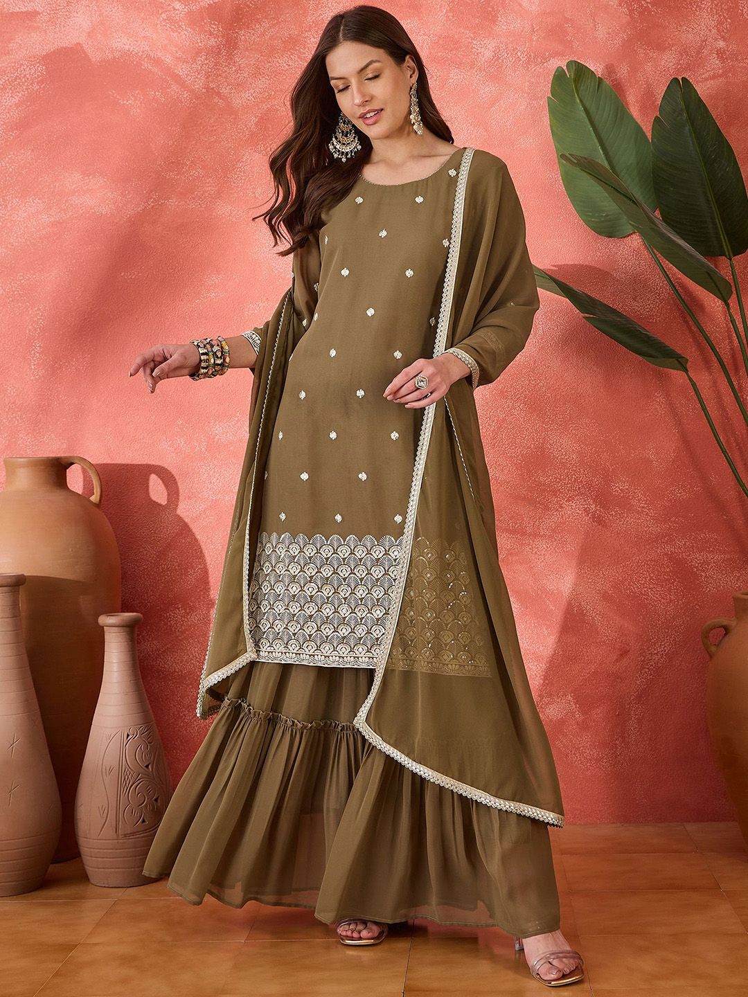 Dhiyona SN Ethnic Motifs Embroidered Straight Kurta & Sharara With Dupatta
