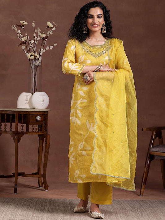 Floral Printed Sequinned Organza Straight Kurta With Trousers & Dupatta