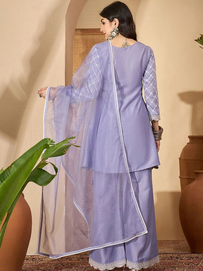 Dhiyona SN Floral Embroidered Thread Work Chinon Silk A-Line Kurta With Palazzos & Dupatta