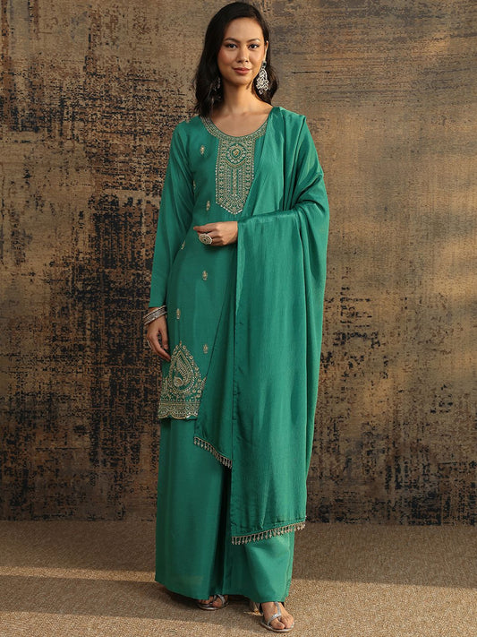 Dhiyona LL Women Ethnic Motifs Embroidered Regular Thread Work Kurta with Palazzos & With Dupatta
