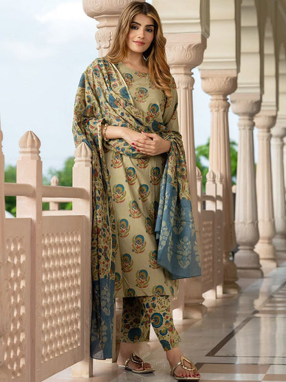 Dhiyona KL Floral Printed Round Neck Pure Cotton Straight Kurta With Trousers & Dupatta