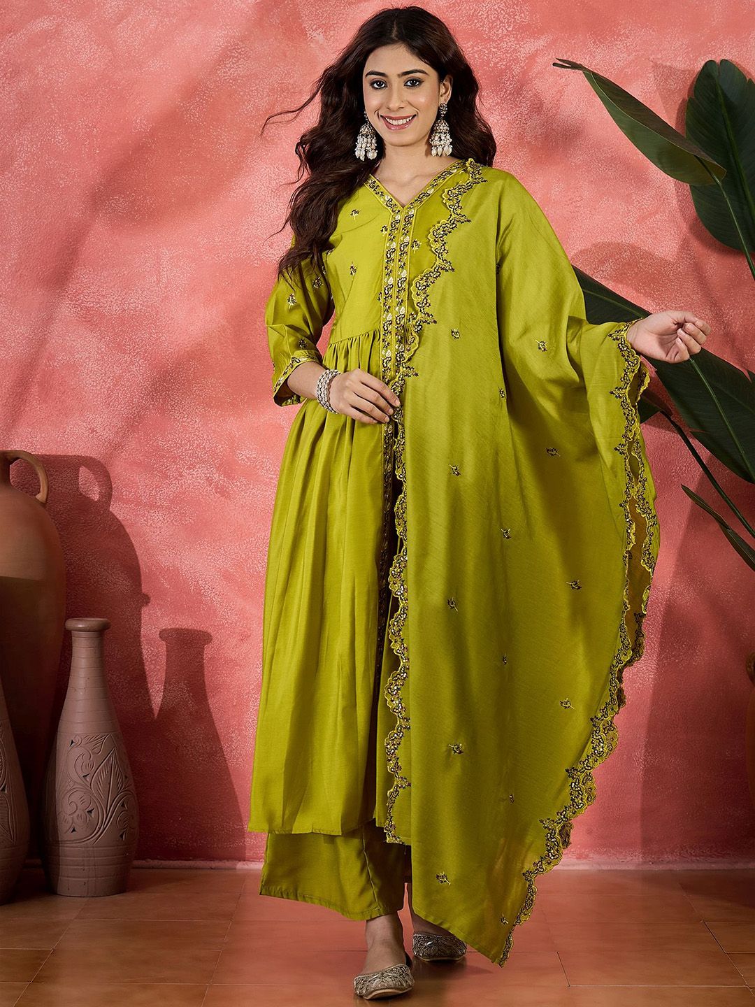 Dhiyona SN Women Sequin Embroidered Anarkali Kurta & Palazzo With Dupatta