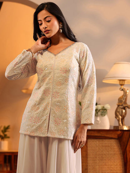 Dhiyona LL Floral Embroidered Straight Georgette Kurta With Palazzos & Dupatta