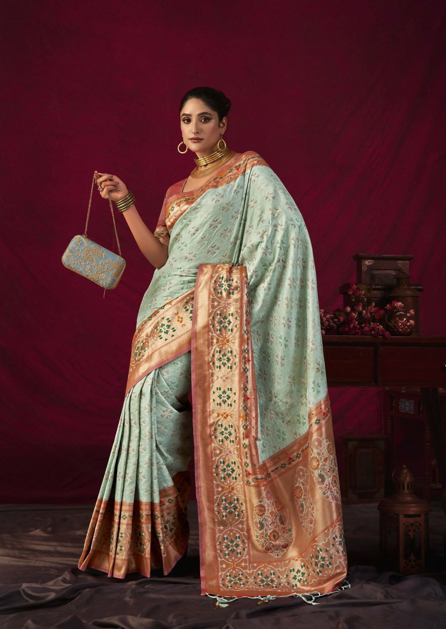 Women Paithani Bansi Sea Green Saree With Unstiched Blouse