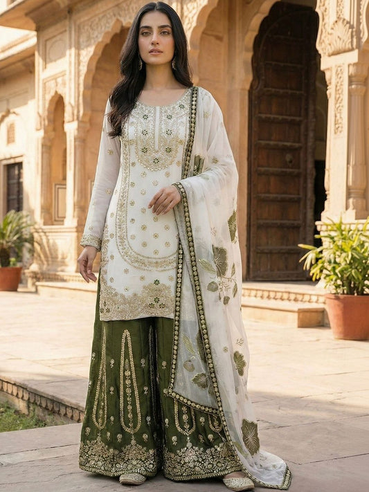 Dhiyona KL Women Ethnic Motifs Embroidered Regular Sequinned Kurta with Sharara & With Dupatta
