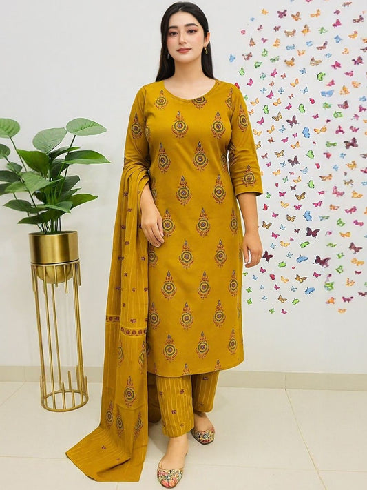 Dhiyona KL Ethnic Motifs Printed Round Neck Kurta With Trousers & Dupatta