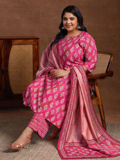 Women's LB Plus Size Pink Printed Silk Blend Straight Suit With Dupatta