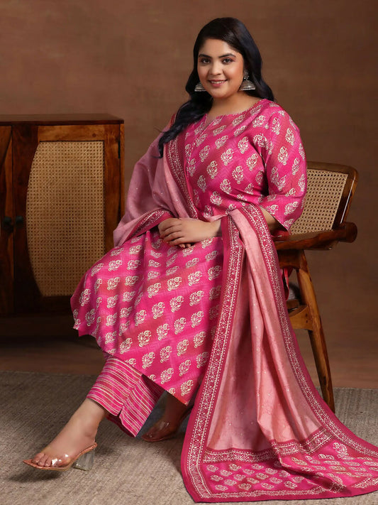 Women's LB Plus Size Pink Printed Silk Blend Straight Suit With Dupatta