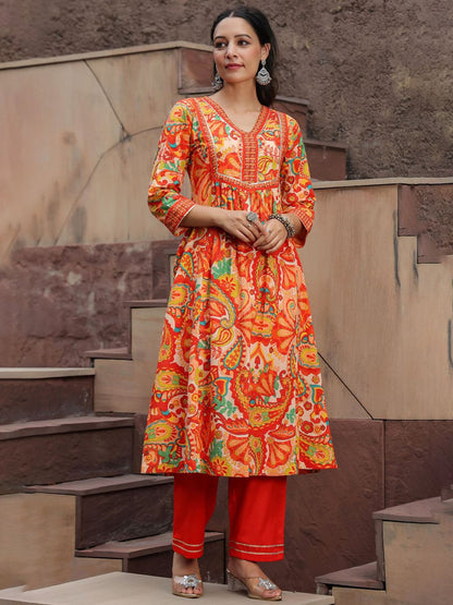 Dhiyona RR Women's Printed Gotta Patti Pure Cotton A-Line Kurta with Trousers & Dupatta