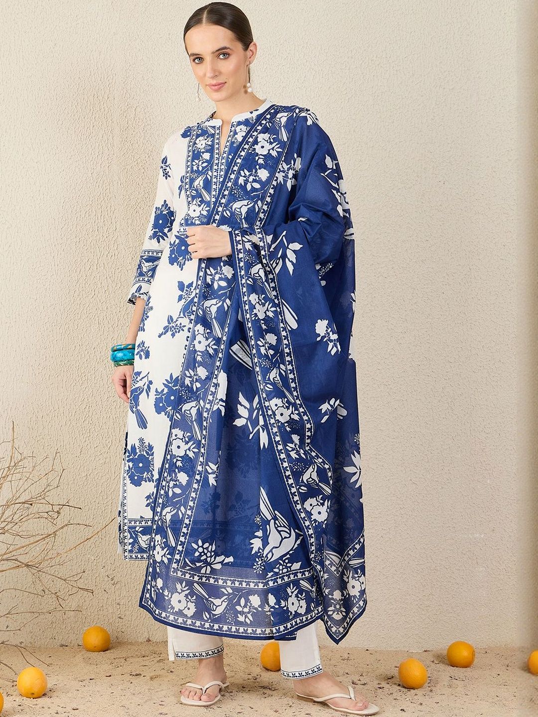 Dhiyona IE Women Floral Printed Cotton Kurta with Trousers & Dupatta