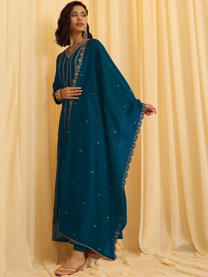 Dhiyona CH Women Ethnic Motifs Embroidered Panelled Thread Work Kurta with Trousers & With Dupatta