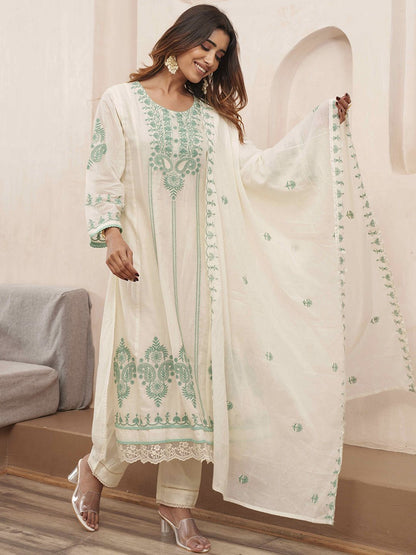 Dhiyona PD Women Floral Embroidered Pure Cotton Kurta & Trousers With Dupatta