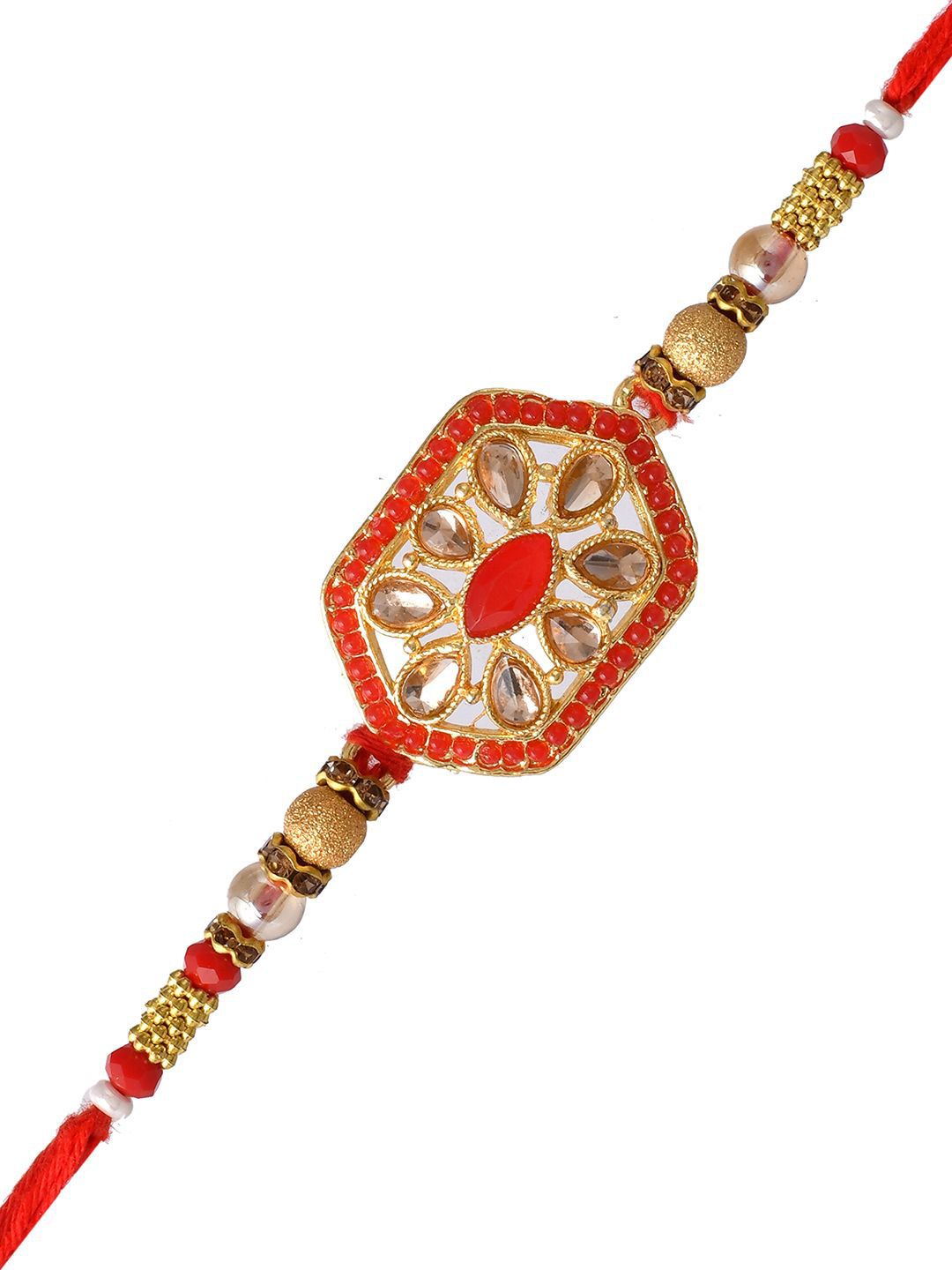 Dhiyona Gold-Toned Beaded Rakhi With Roli Chawal & Greeting Card