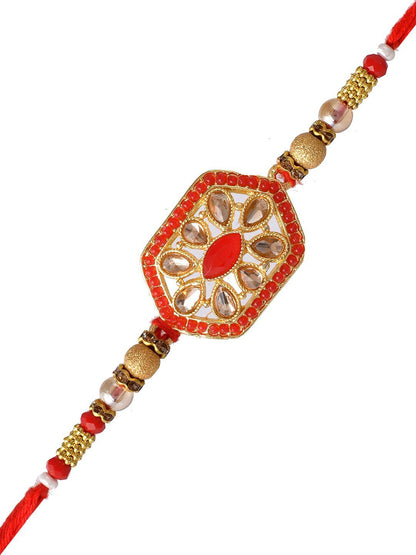 Dhiyona Gold-Toned Beaded Rakhi With Roli Chawal & Greeting Card