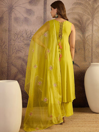 Embellished Round Neck Kurta & Palazzos With Dupatta