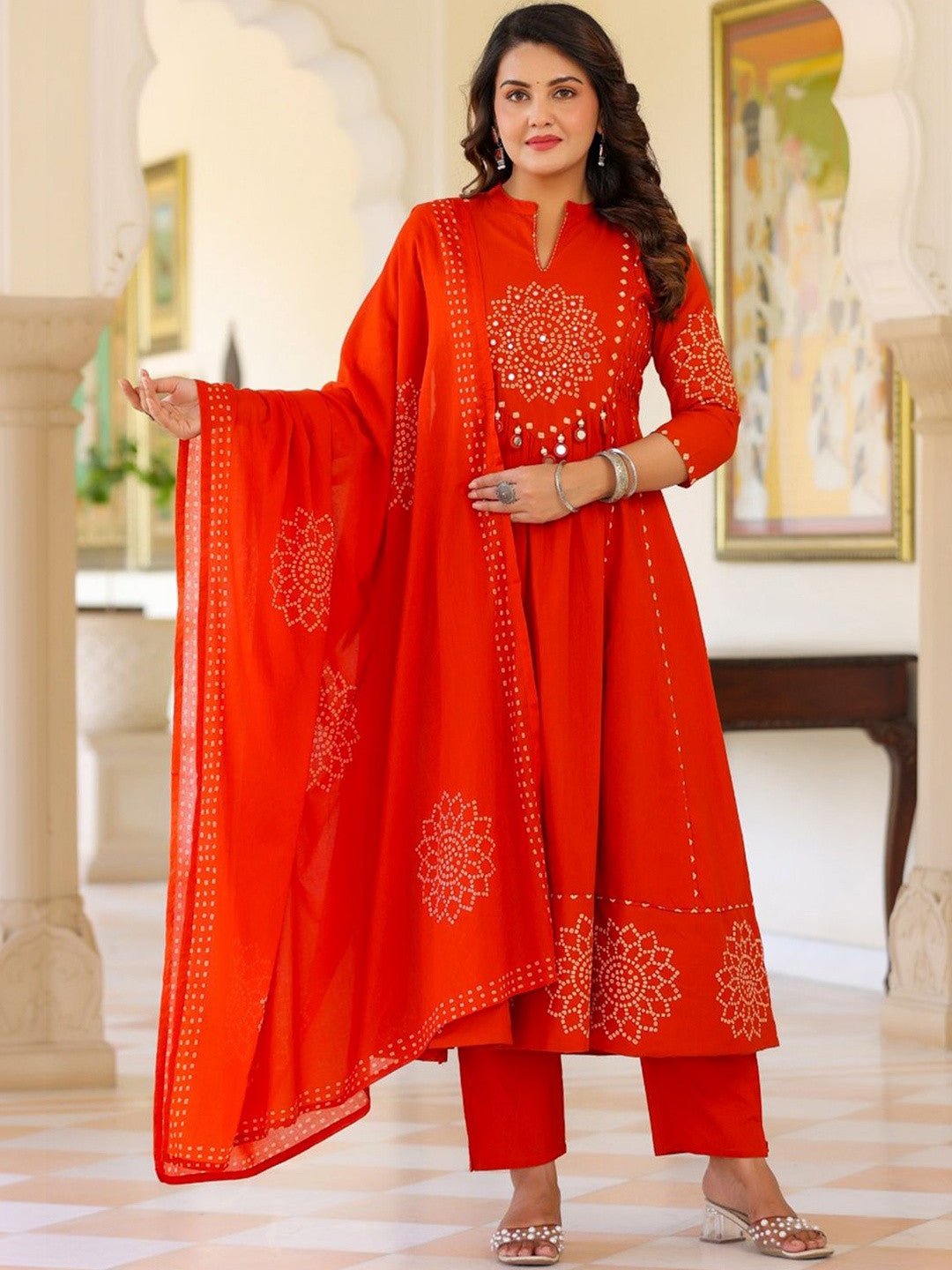 Women Ethnic Motifs Printed Tiered Mirror Work Pure Cotton Kurta with Trousers & With Dupatta