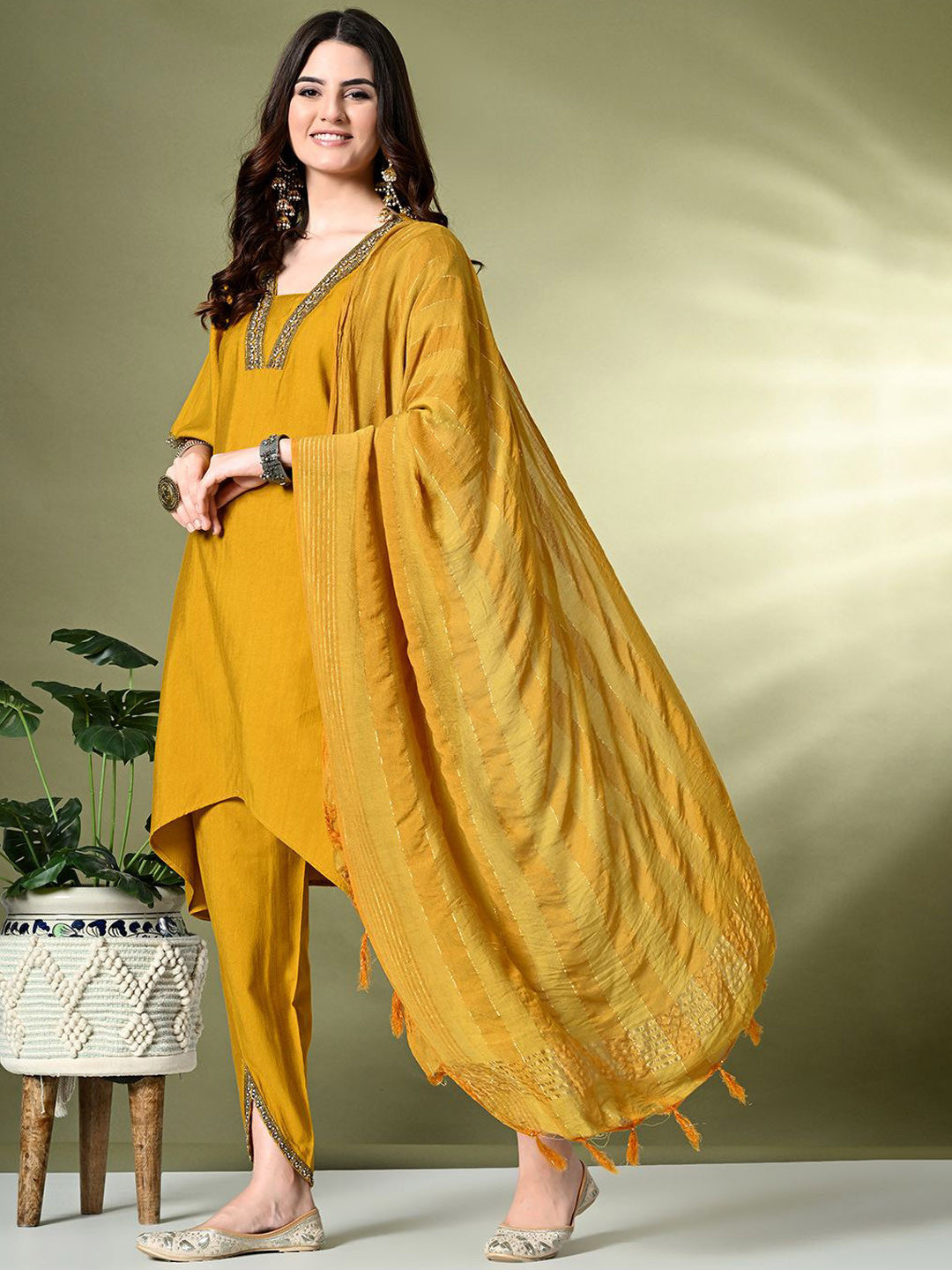 Regular Thread Work Kurta with Dhoti Pants & Dupatta