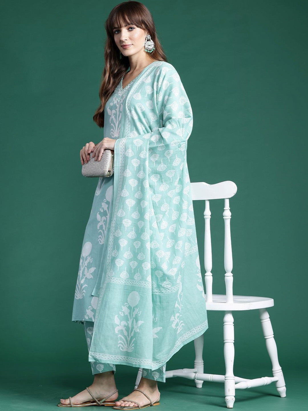 Women Floral Printed Regular Mirror Work Pure Cotton Kurta with Trousers & With Dupatta