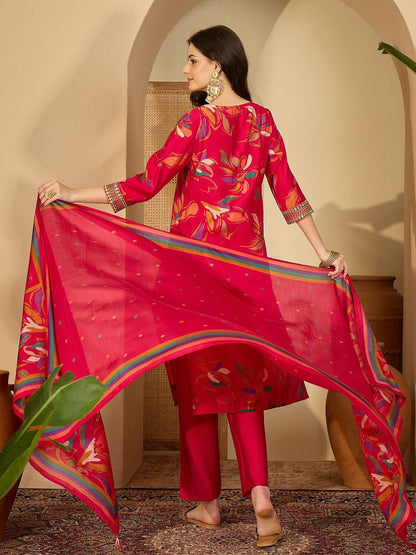 Women Floral Printed Regular Thread Work Kurta with Trousers & With Dupatta