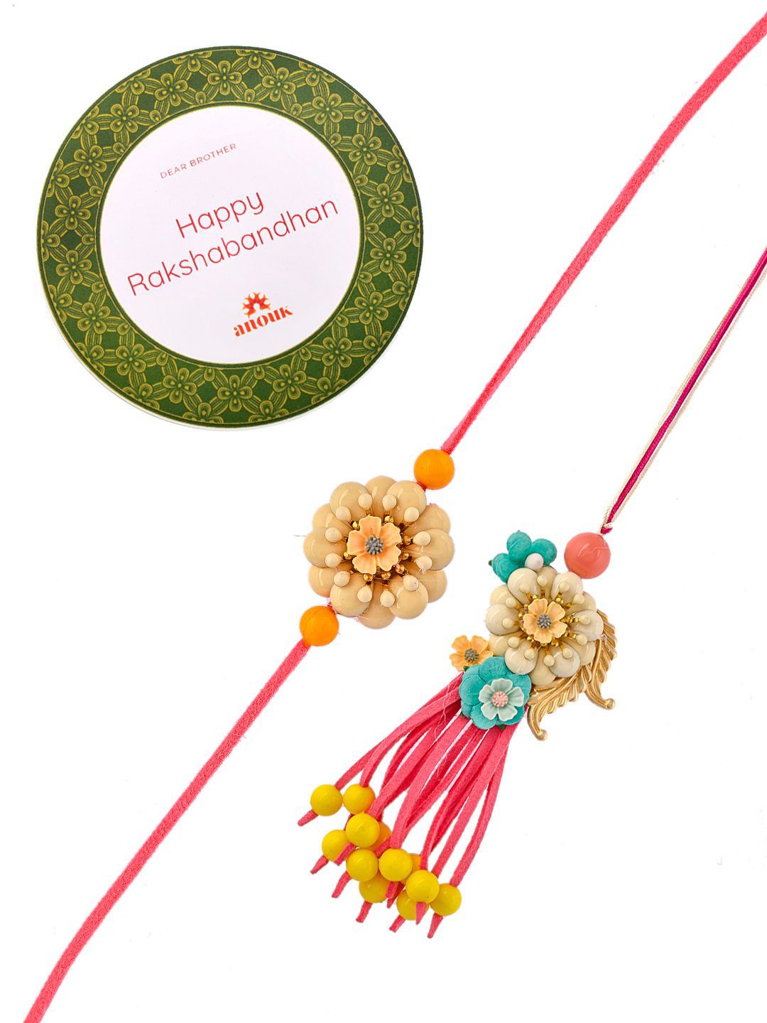 Dhiyona Pink Set Of 2 Bhaiya Bhabhi Lumba & Thread Rakhis With Roli Chawal