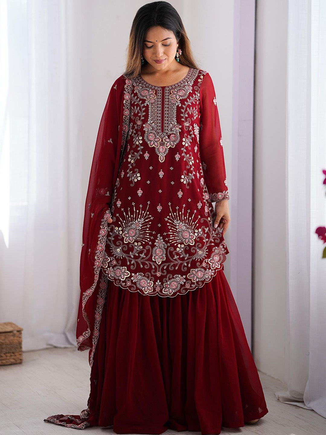 Dhiyona KL Ethnic Motifs Embroidered Sequinned Straight Kurta With Sharara And Dupatta