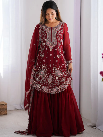 Dhiyona KL Ethnic Motifs Embroidered Sequinned Straight Kurta With Sharara And Dupatta
