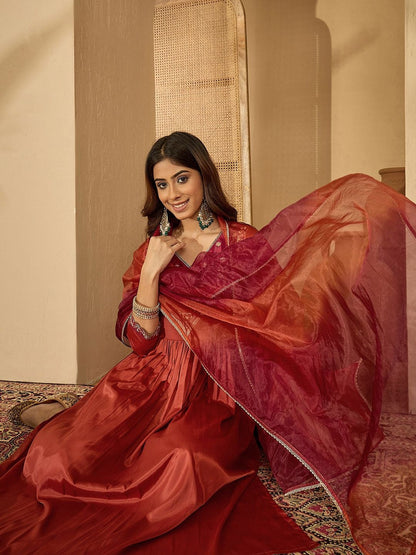 Ethnic Motifs Embroidered Panelled Thread Work A-Line Kurta with Trouser & Dupatta